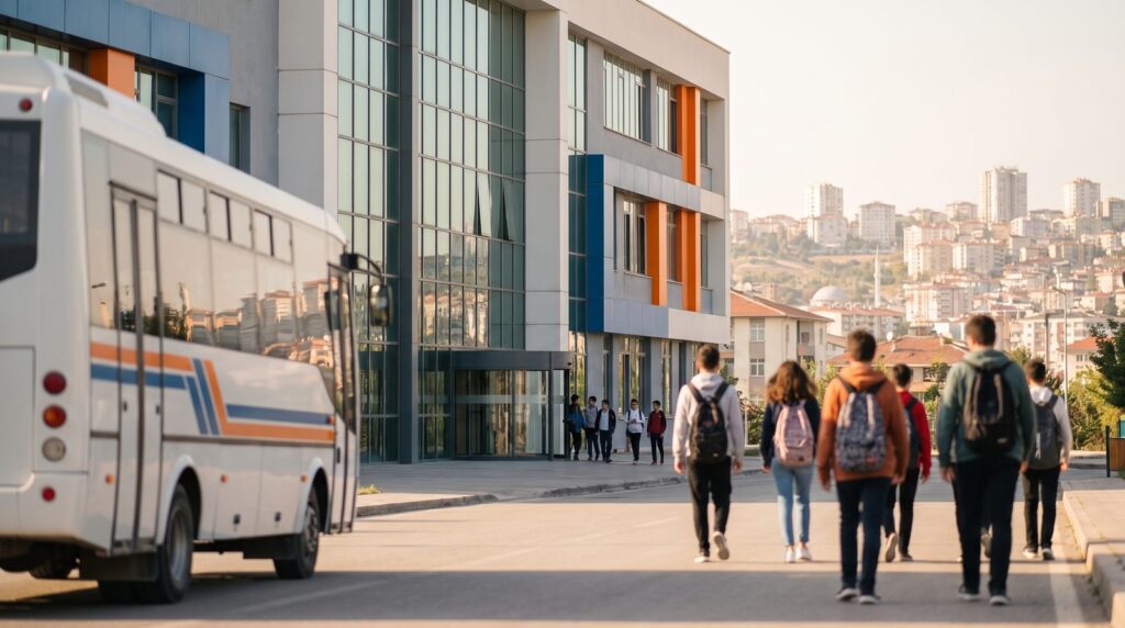 Ankara şehir manzarası önünde modern okul binası ve özel okul ulaşım güzergâhı, gündüz