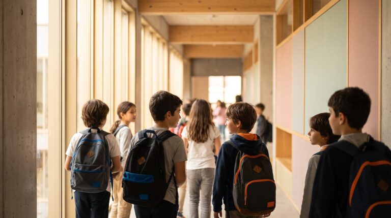 Okul koridorunda birinci sınıfa hazır mı sorusunu düşündüren farklı yaş gruplarından öğrenciler