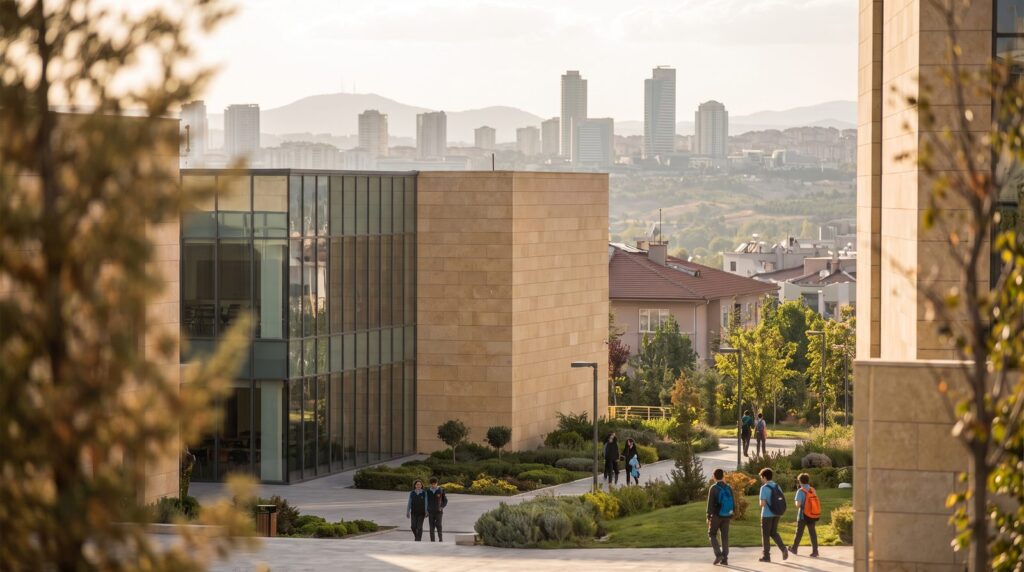 Ankara silüeti önünde modern okul binası, Çankaya özel okullar arayan veliler için rehber görseli