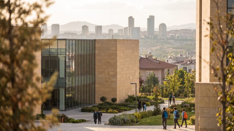 Ankara silüeti önünde modern okul binası, Çankaya özel okullar arayan veliler için rehber görseli
