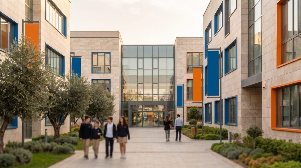 Kaizen modeli eğitim anlayışını yansıtan modern okul kampüsü dış cephesi, gündüz