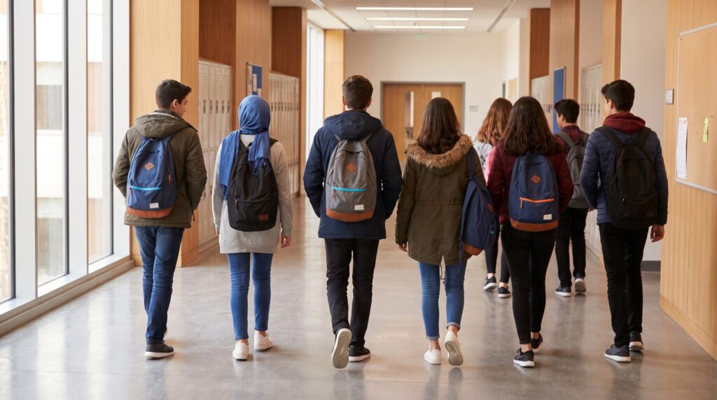 Fen lisesi mi anadolu lisesi mi diye düşünen lise öğrencileri modern okul koridorunda