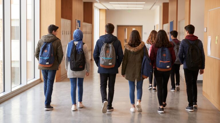 Fen lisesi mi anadolu lisesi mi diye düşünen lise öğrencileri modern okul koridorunda