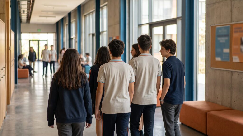 9. sınıf nasıl geçmeli sorusunu düşünen lise öğrencileri modern okul koridorunda yürürken