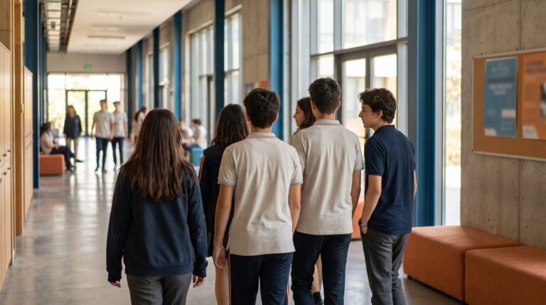 9. sınıf nasıl geçmeli sorusunu düşünen lise öğrencileri modern okul koridorunda yürürken