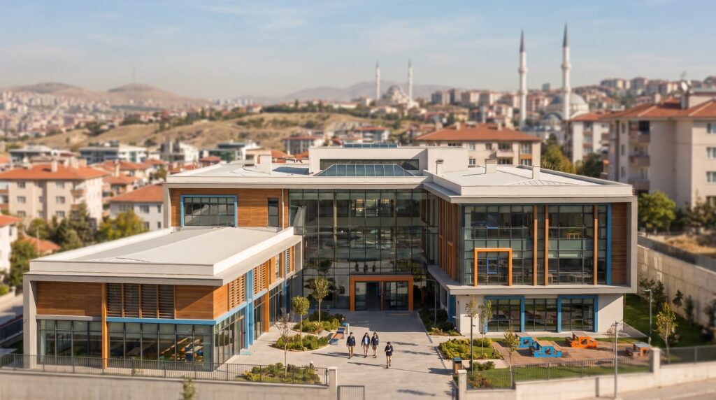 Mamak özel okul kampüsü, Ankara şehir manzarası önünde modern okul binası, gündüz