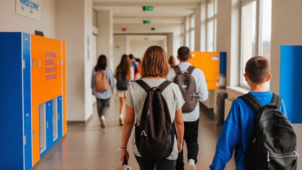 Ortaokula geçiş sürecindeki öğrenciler modern okul koridorunda derse giderken