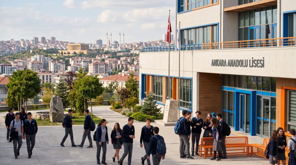 Pursaklar özel okul kampüsü, Ankara şehir manzarası önünde modern okul binası, gündüz