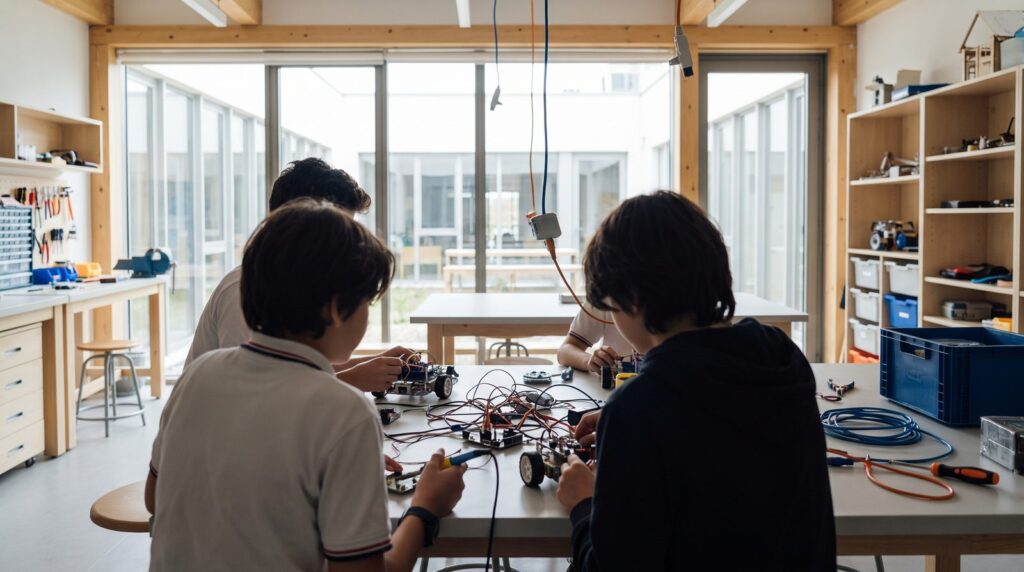 Öğrenciler okul atölyesinde robotik proje yaparken, çocuklar için kodlama yaşı örneği