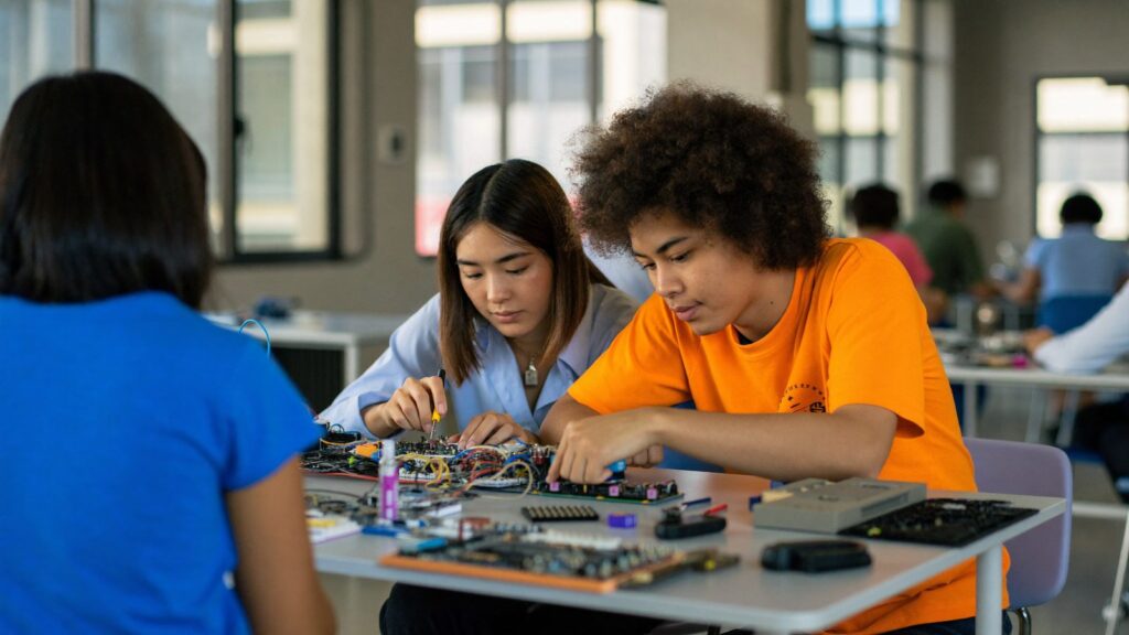 STEM eğitimi kapsamında robotik ve elektronik atölyesinde birlikte proje yapan lise öğrencileri