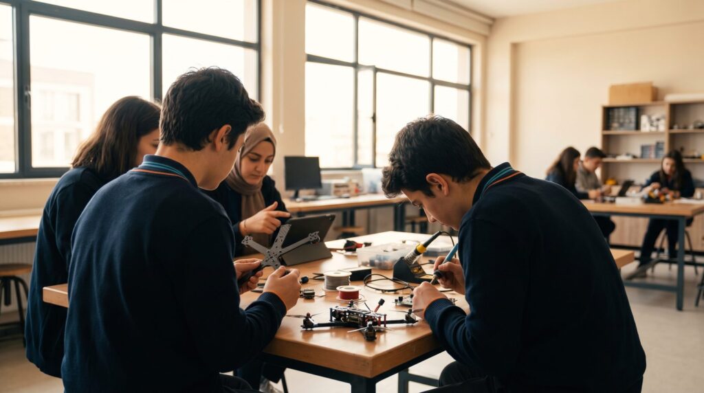 Teknofest öğrenci takımı üyeleri robotik ve elektronik atölyesinde birlikte proje üzerinde çalışıyor