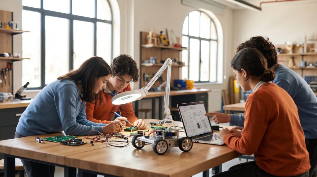 TÜBİTAK proje yarışması için robotik ve elektronik atölyesinde birlikte çalışan lise öğrencileri