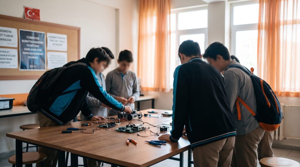 Öğrenciler okul atölyesinde birlikte robotik proje yaparken, yapay zeka çocuk eğitimi ortamı